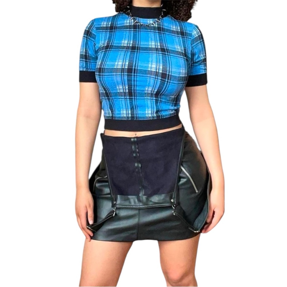 Volcom Mock Neck Short Sleeve Cropped Knit Plaid Sweater S Y2K Preppy Academia